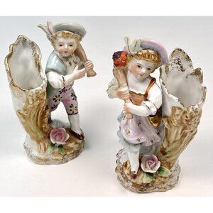 VTG MCM UCAGCO Ceramics Bisque 6" Handpainted Victorian Boy Girl Spill Vases EUC